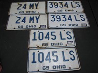 3 Pair 1969 Ohio License Plates