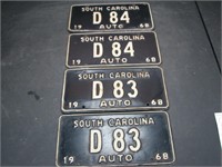 2 Pair 1968 South Carolina License Plates