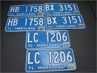 3 Pair 1971 Maryland License Plates