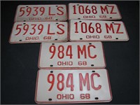 3 Pair 1968 Ohio License Plates