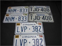 3 Pair 1978, 79, 92 Virginia License Plates