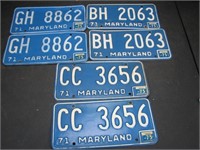 3 Pair 1971 Maryland License Plates