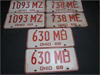 3 Pair 1968 Ohio License Plates