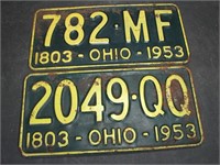 2 Ohio 1953 Ohio License Plates