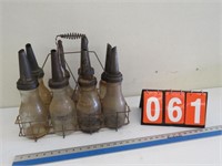 8 ASSORTED GLASS OIL BOTTLES W/CARRIER