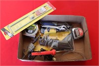 BOX OF MISC. TOOLS, TAPE MEASURE, PLIERS, ETC.