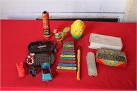BOX OF OLD TOYS & FIRST AID KIT, ETC.