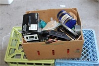 BOX OF MISC., SPEAKERS, PAPERWEIGHT, ETC.