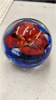 Paper weight with flower and blue swirl 3”