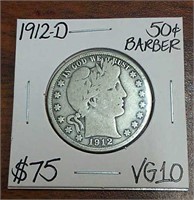 1912D Barber Silver Half Dollar- Graded VG10
