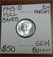 1945D Full Bands Mercury Silver Dime- Graded