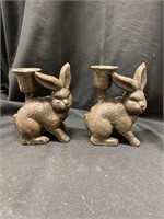 Two rabbit cast-iron candleholders. 5 inches tall