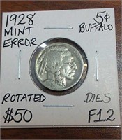 1928 Mint Error Buffalo Nickel - Graded F12