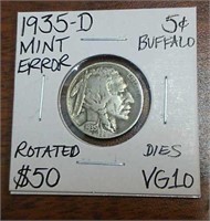 1935D Mint Error Buffalo Nickel- Graded VG10