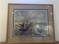 Nice Framed and Matted Seaside Scene with Boats