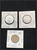 1948 turkey 25 kurus, 1965 Belgium 5 francs, 1