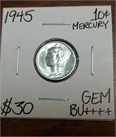 1945 Gem Mercury Silver Dime-Graded BU++++