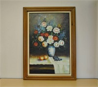 Signed Floral/Fruit Still Life Oil on Canvas