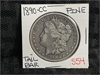 1890 CC TAIL BAR MORGAN SILVER DOLLAR FINE