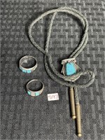LOT OF UNMARKED TURQUOISE RINGS & BOLO TIE