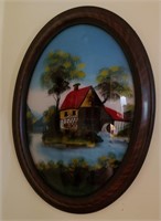Antique Convex  Reverse Painted Old Mill Scene