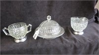 3PC VINTAGE GLASS CREAM AND SUGAR AND BUTTER