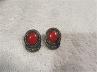 STERLING SILVER AND CORAL EARRINGS 1"