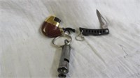SELECTION OF KEY CHAINS-KNIFE, PIPE LIGHTER AND