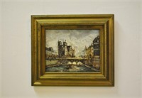 Signed Notre Dame Street Scene Oil Painting