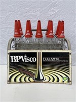 BP Visco oil bottle rack, basket, bottles & tops