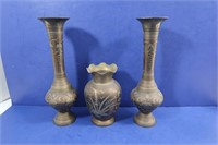 3 Vintage Decor Brass Vases(2-12"H, 1-7"H)