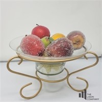 Glass Fruit Bowl on Metal Stand with Faux Fruit