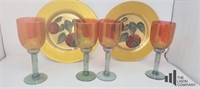 Set of 4 Earthtone Wine Glasses & 2 Plates