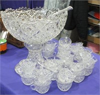 PRESSED GLASS PEDESTAL PUNCH BOWL W/ 36 CUPS