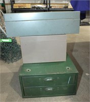(3) METAL STORAGE BOXES, ONE WITH DRAWERS