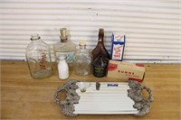 Ornate mirror tray, bottles, advertising and more!