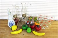 Vintage glass fruit, advertising glasses, and more
