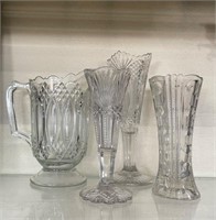 Grouping of Antique Pressed Glass Vases and Pitche