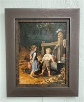 Oil on Canvas Painting of Two Children Near Well