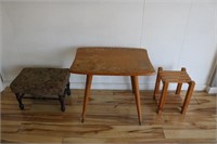 Mid-Century Accent Table & Antique Footstool