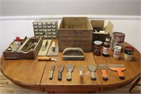 Antique Crate, Tools, Cans, & More