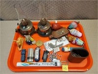 Tray Lot of Small Oil Lamps. Lighters, Knick Knacs