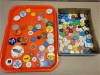 Tray of Buttons, Pins, Wood Nickels, Drinking