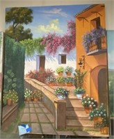 Stucco Houses and Gardens Oil on Canvas, signed