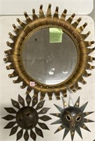 Metal Frame Mirror, (2) Metal Suns Wall Decor