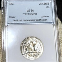 1963 Washington Silver Quarter NNC - MS66 TY B REV