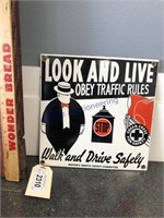 LOOK AND LIVE  PORCELAIN ENAMEL SIGN, 9 X 9"