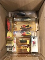 BOX OF FISHING LURES IN BOXES, MOSTLY HEDDON