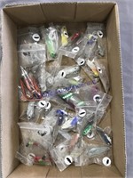 BOX OF FISHING LURES W/ HOOKS IN BAGS
