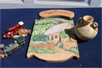 Hanging Welcome Sign, 2 Plastic Trains & Clay Jug